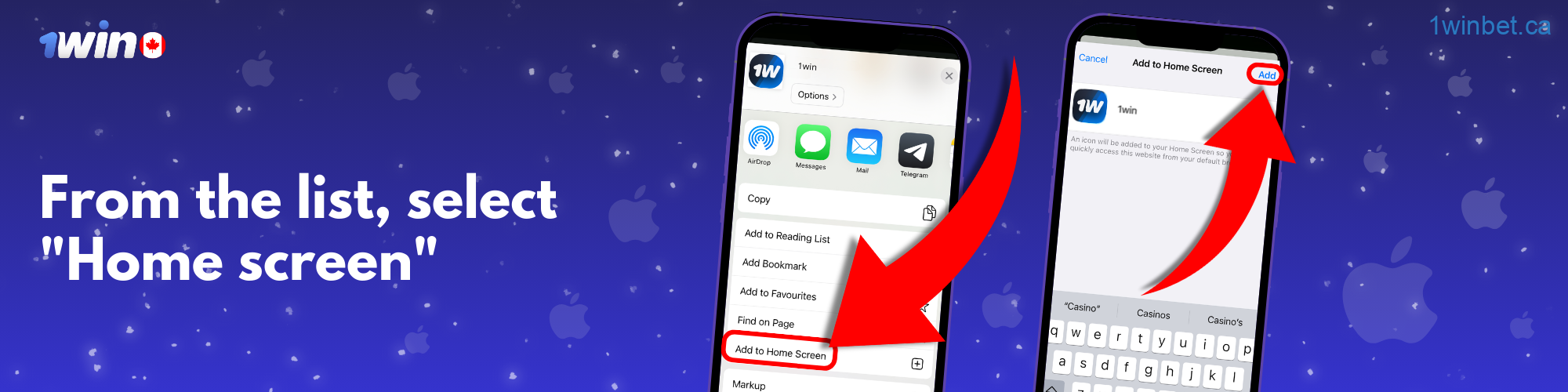 To complete the iOS app installation, Canadian users must select 'Add to Home' to set up the 1win app on their iPhone or iPad.