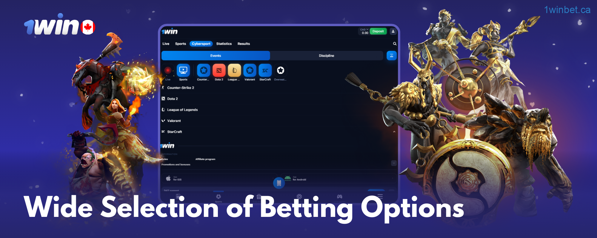 In Canada, 1win offers a comprehensive selection of betting options for esports such as LOL, Dota 2, and more, all with a wide-ranging market coverage.