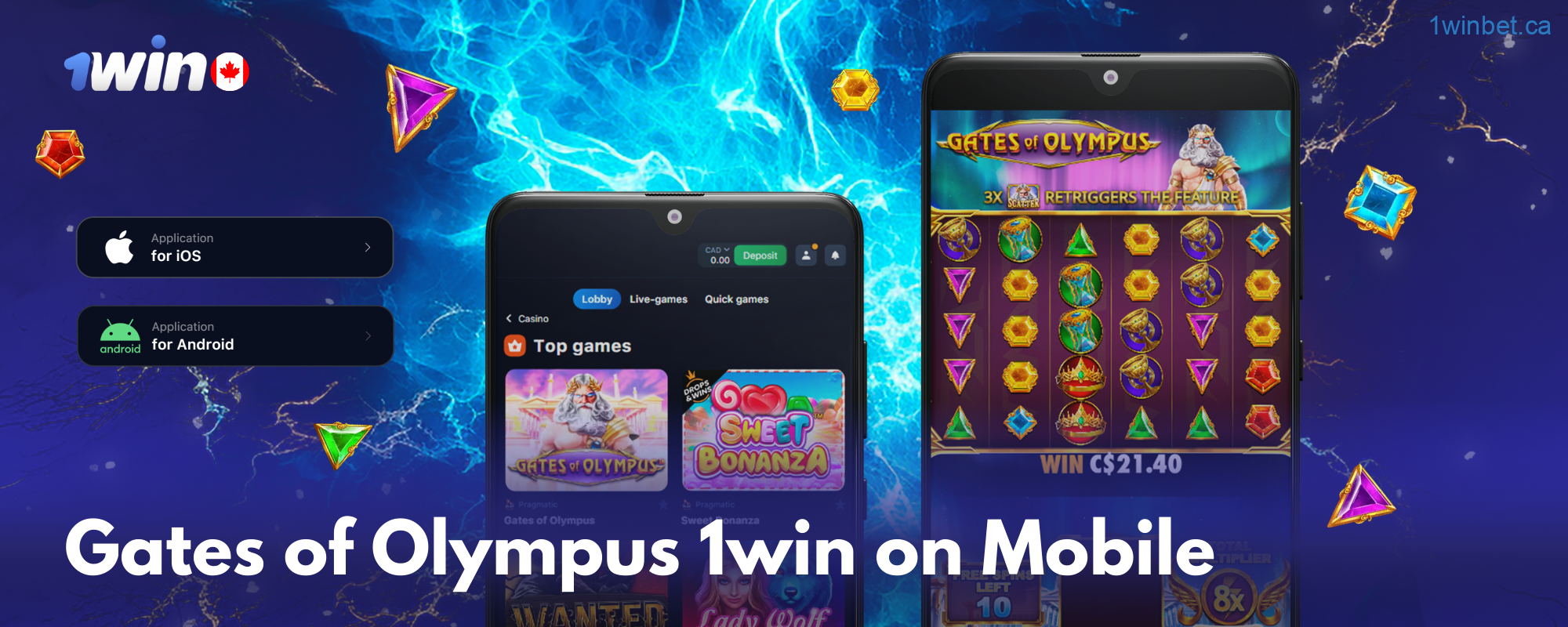 Canadians can access and play Gates of Olympus 1win on their mobiles using iOS and Android applications.