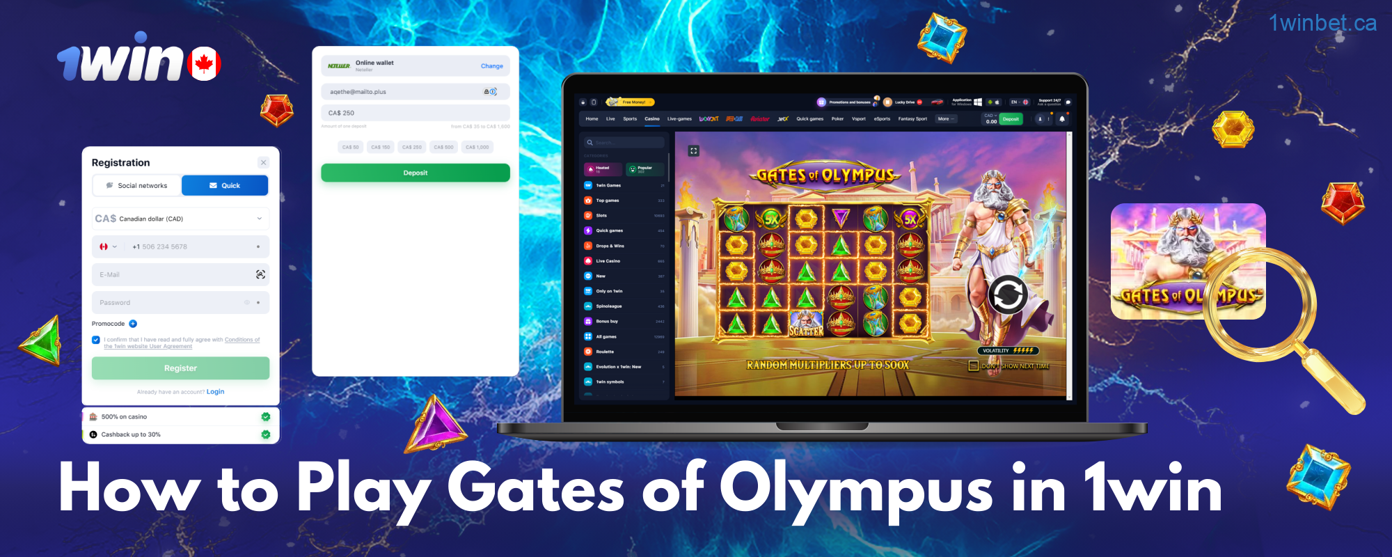 To play Gates of Olympus at 1win Casino, you need to create an account and make a deposit first.